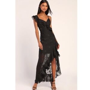 Lulus X-Small Forever Be Black Floral Jacquard Ruffle Dress Cocktail Party